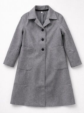 Classic Women's Grey Long Coat Four Buttons Pockets Size S